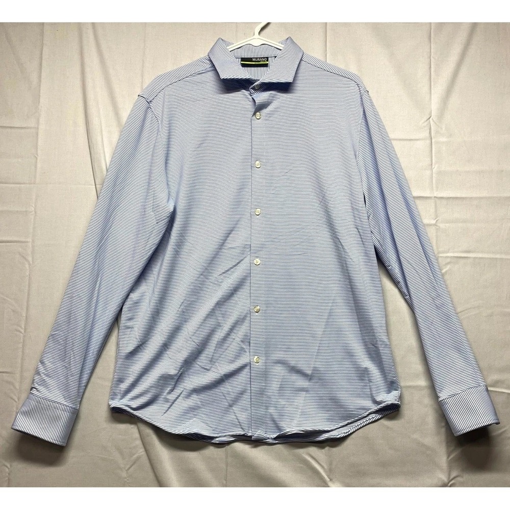 Murano Shirt Mens Large Blue White Striped Casual Performance Slim Fit Button Up